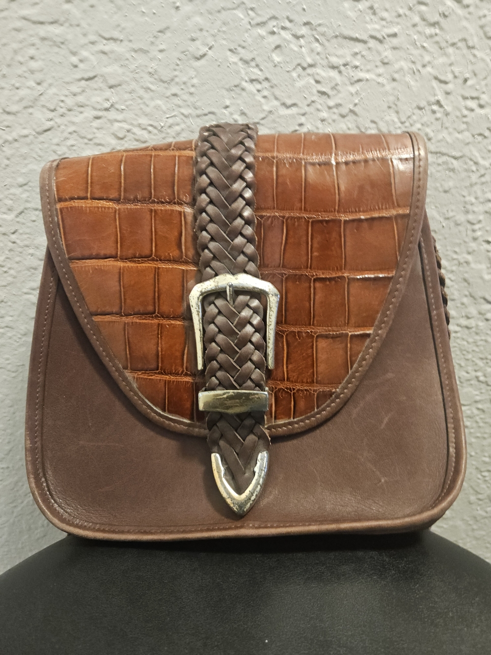 Vtg 90s Brighton Taylor Brown Leather Croc Saddle Shoulder Bag